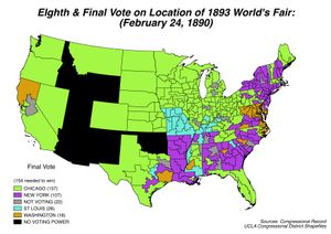 미국 하원에서 열린 제8차 세계 박람회 개최지 선정 투표의 지역별 득표 현황
