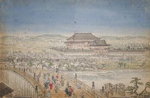 18세기 마루야마 오쿄가 그린 호코지 사찰의 그림. 미미즈카가 앞에 보인다(오른쪽)