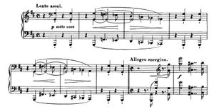리스트 소나타 B단조의 시작 부분. 첫 번째 주제는 Lento assai, 두 번째 주제는 Allegro energico로 표시되어 있다.