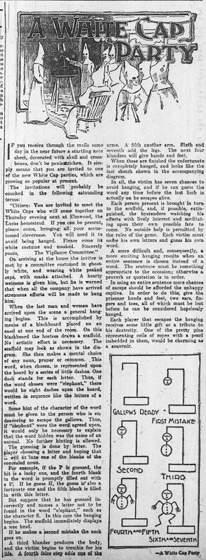 1902년 필라델피아 인콰이어러에 실린 교수대 게임을 테마로 한 어린이 파티 기사