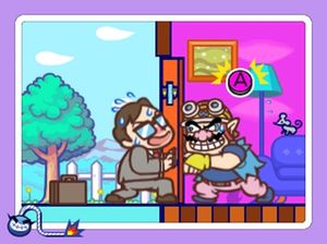 이 마이크로 게임에서 와리오는 A 버튼을 빠르게 눌러 원치 않는 방문객의 문을 닫아야 합니다.