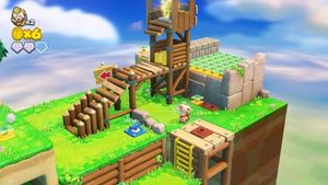 키노피오 대장이 Wii U GamePad를 사용하여 환경의 다른 각도를 보면서 별까지 이동하는 모습