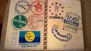 참가국의 "비자 스탬프"가 있는 엑스포 여권