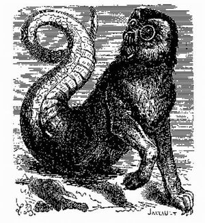 부엉이 머리와 늑대의 몸통과 앞발, 뱀 꼬리를 가진 모습