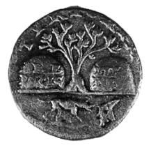 바다 고둥을 물고 있는 개를 묘사하고 있는 페니키아 주화