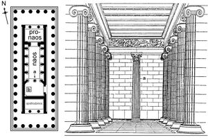 바세의 아폴론 에피쿠리오스 신전 평면도 및 내부 재구성. 나오스 측면 입구와 단일 코린트식 기둥에 주목하십시오.
