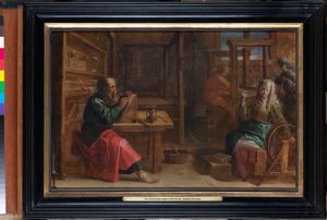 바울이 편지를 쓰고 있는 모습(17세기): 왼쪽에 바울, 오른쪽에 물레질하는 프리스길라, 배경에 남편 아굴라가 있다.