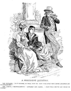 "브리타니아 부인"과 딸 "미스 캐나다"가 1886년 미국이 캐나다를 연방에 편입하려는 두려움에 관한 정치 만평에서 "사촌 조나단"이 캐나다와의 "결혼"을 갈망하는지 논의하고 있다