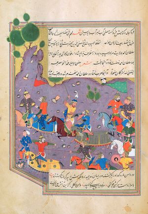 "두 일 칸국 통치자 아르군 칸 대 술탄 아흐마드의 전쟁" (테쿠데르). 1582년 9월에 제작된 사파비 시대의 사프왓 알-사파 ("순수의 정수")의 개정판에서 발췌, 시라즈, 이란