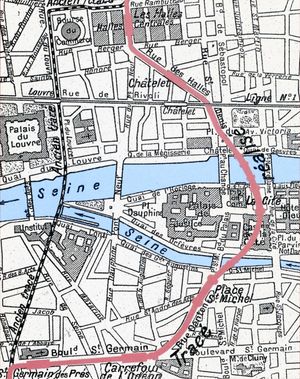 4호선의 초기 폐선 구간(검정색)과 실제 건설된 구간(빨간색) (Île de la Cité)을 지나는 노선도.