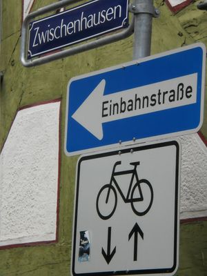 양방향 자전거 도로의 일부로 자전거 운전자를 위한 일방통행 도로 (독일)