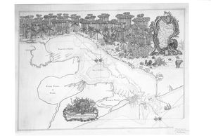 1757년 스페인 해군의 돈 프란시스코 마리아 셀리가 제작한 탬파만의 초기 상세 지도. 동쪽이 위를 향하고 있으며, 피넬라스 반도는 아래, 탬파 반도는 가운데, 힐스버러강은 왼쪽 상단으로 뻗어 있다.