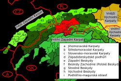 서부 베스키드 산맥의 중앙 부분, 빨간색으로 표시되고 G로 레이블링 됨