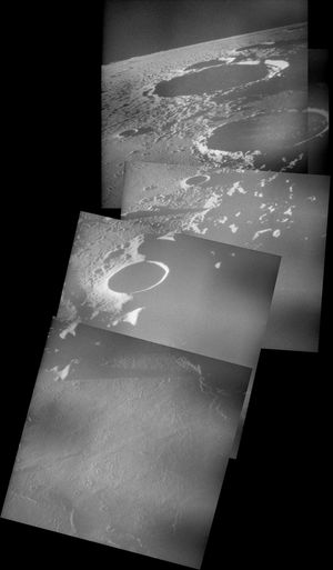 명암 경계선을 따라 촬영한 아폴로 16호 사진 모자이크로, 다니, 루비니에츠키, 불리알두스 분화구를 보여준다