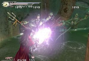 빈센트가 번개 마테리아를 사용하여 동시에 두 명의 적에게 피해를 입히는 모습.