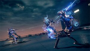 플레이어 캐릭터와 레기온이 전투에서 키메라를 제압하고 있다