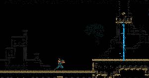 GIF로 과거(8비트 스타일)에서 미래(16비트 스타일)로 이동하는 워프를 통과하는 더 메신저의 모습