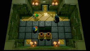 Top-down view of a room with back spaces around it, where a person is evading attacks from two enemies
