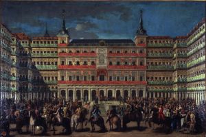 로렌소 키로스의 유화 (1760)인 마드리드에 카를로스 3세가 입성하는 것을 기념하는 마요르 광장의 장식. 산 페르난도 왕립 미술 아카데미.