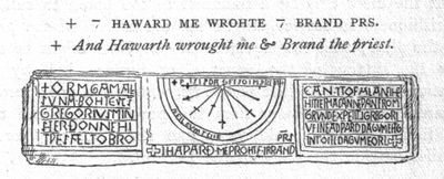 Kirkdale 해시계 그림. 노스요크셔 Kirkdale에 있으며, Tostig 백작의 이름이 헌사에 적혀 있다. IN TOSTI DAGVM EORL+ ('토스티그 백작의 날에', 오른쪽 하단)