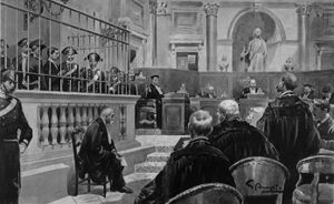 가에타노 브레시의 재판 삽화, 브레시가 변호사 프란체스코 메를리노의 변호를 받으며 감옥에 서 있는 모습