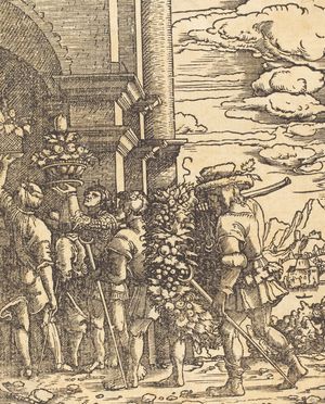 약속의 땅의 과일을 들고 있는 여호수아와 갈렙, 1480년경 알브레히트 알트도르퍼의 목판화