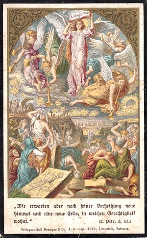 19세기 성화는 최후의 심판을 묘사하며, 베드로후서 3:13 — "우리는 그의 약속대로 새 하늘과 새 땅을 바라보며, 그 안에는 의가 깃들여 있습니다."를 인용한다.