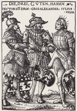 세 명의 훌륭한 이교도: 헥토르, 알렉산드로스 대왕, 율리우스 카이사르, 한스 부르크마이어의 목판화 연작, 1519.