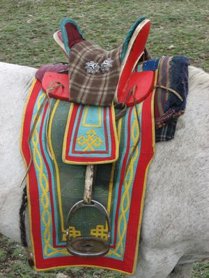 몽골 안장, 짧은 등자, 높은 안장 머리, 안장 뒤쪽 및 독특한 금속 디스크를 보여줌