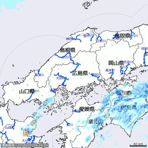 2018년 7월 5일 0시부터 7일 정오까지 일본 기상위성의 주고쿠 및 시코쿠 지역 강수량 레이다 지도. 시코쿠 및 주고쿠 지방에 집중적으로 비가 내린 것을 볼 수 있다.