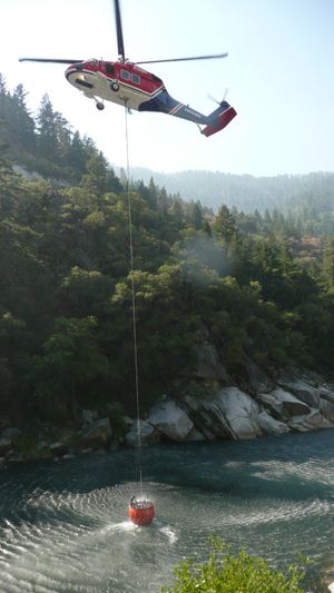 헬리콥터가 캘리포니아의 산불에 물을 떨어뜨리기 위해 버킷을 강에 담그고 있다.