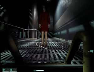 플레이어가 사다리를 내려가기 위해 몸을 돌리면 알마가 나타나 묵묵히 플레이어를 바라본다.