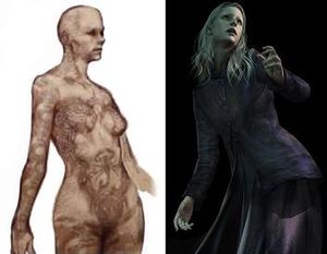 안타고니스트 클라우디아 울프(Claudia Wolf)의 초기 스케치(왼쪽)와 최종 버전 비교.