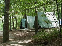 보이스카우트 야영장의 목재 텐트대에 설치된 반영구적 텐트