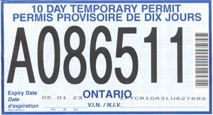온타리오주의 임시 차량 번호판