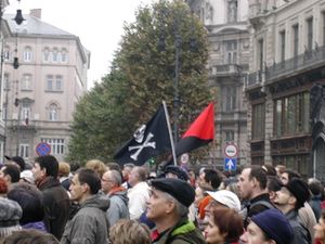 헝가리에서 앤티파(Anarchist)와 해적(Pirate)이 조니 로저(Jolly Roger) 깃발을 들고 시위
