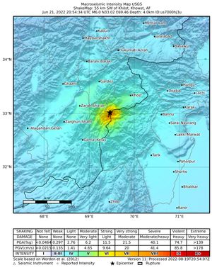 미국 지질조사국이 조사한 이번 지진의 각 지역별 진도를 그린 진도도