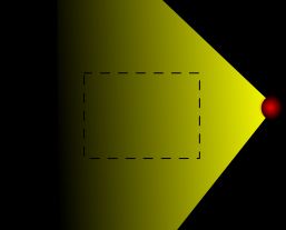 방사선(노란색)의 외부원(빨간색)에 의해 조사되는 직사각형을 보여주는 개략도
