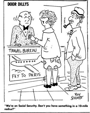 휴양 지역의 신문에 그려진 만화; 인근 명소를 방문하는 데 익숙한 소득이 제한적인 고령의 지역 주민들을 묘사한다.