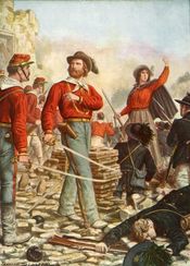 주세페 가리발디(가운데)와 그의 아내 아니타(오른쪽). 가리발디 부부가 유행시킨 붉은색 가리발디 셔츠는 1860년대 초부터 유럽과 북아메리카에서 남녀 모두에게 인기 있는 민간 패션이 되었다.