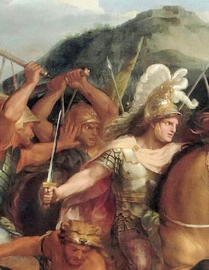 스피리다테스(이오니아와 리디아의 페르시아 총독)가 알렉산드로스를 뒤에서 공격한다. 샤를 르 브룅의 그라니쿠스 전투 세부 묘사.