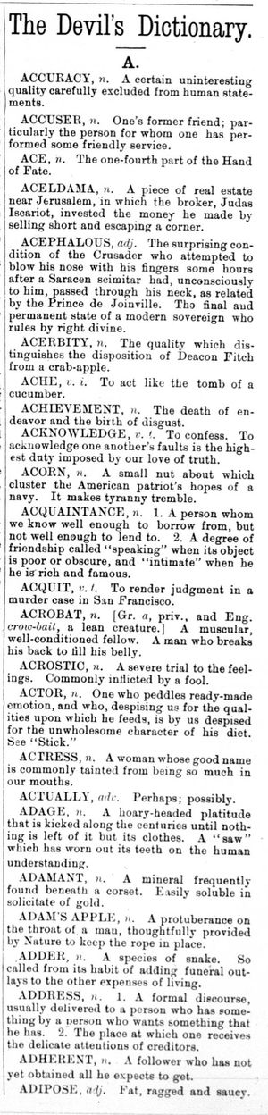 앰브로스 비어스의 첫 번째 "악마의 사전" 칼럼, 1881년 3월 5일, The Wasp, vol. 6 no. 240, 149페이지