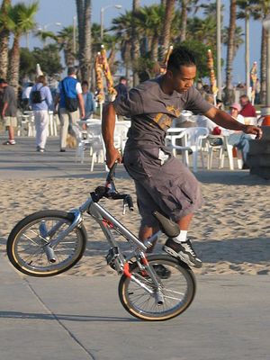 BMX 플랫랜드 라이더 케일럽 라이더(Caleb Rider)가 샌타모니카 해변에서 기술을 선보이고 있다.