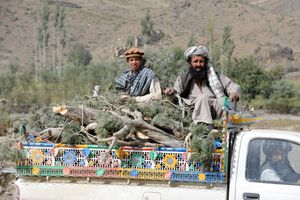 라바트 마을을 떠나는 현지 아프간인들이 픽업트럭에 장작을 싣고 있다.