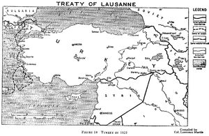 1923년 로잔 조약에 의해 결정된 터키의 국경. 하타이 주가 시리아 영토로 표시되어 있다.