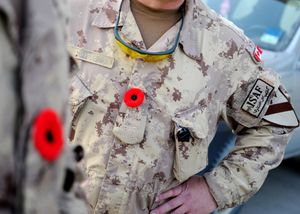 캐나다 군인들이 빨간 양귀비 꽃을 착용하고 2011년 10월 31일 바그람 공군 기지에서 제3대대 프린세스 패트리샤 캐나다 경보병 연대 소속 바이런 그레프 상사를 기리는 램프 의식에 참석하고 있다.