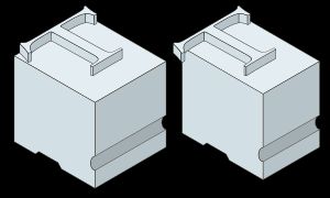 오른쪽 글리프는 뒤에 오는 문자와 겹치도록 커닝되어 있다(글리프는 인쇄를 위해 미러링된다).