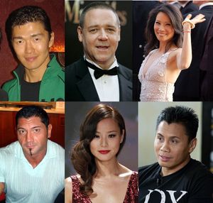 영화 출연진. 시계 방향: 릭 윤, 러셀 크로우, 루시 리우, 데이비드 바티스타, 제이미 정, 쿵 리.