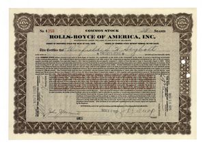 1925년 11월 24일 발행된 롤스로이스 오브 아메리카, Inc. 주식