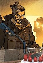 한조 (오버워치). "트레이서: 리플렉션"에 등장하는 한조. 이 작품은 연계 디지털 코믹 시리즈의 열 번째 이슈이다. 그림: Miki Montlló